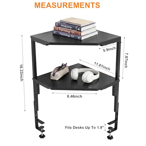 2-Tier Clamp on Desk Shelf Adjustable Desktop Storage Desk Rack | Wood Clamp on Desk Organizer Shelf, Floating Corner Shelf for Desk Accessories and Gaming Devices
