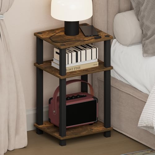 Furinno JUST Night Stnad, 3-Tier Nightstand Open Shelf, Toolless Assembly Bedside Table, End Table, Side Table, with Square Tube, for Living Room, Bedroom, Amber Pine - color: Amber Pine/Black, size: 3-Tier, Square Tubes