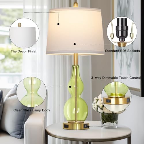 Rinweey 27.5" Green Glass Double Gourd Table Lamp Set of 2,3-Way Dimmable Touch Control Bedside Lamps with USB Ports and AC Outlet, Nautical Nightstand Lamps for Bedroom Living Room - color: Green