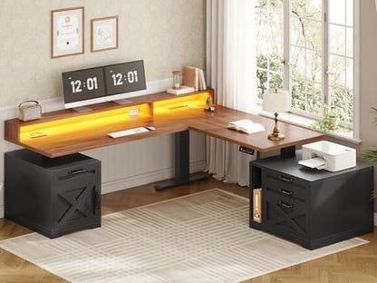 SEDETA Farmhouse L Shaped Standing Desk, 70.1" x 73.2" Height Adjustable Home Office Executive Desk with Drawers, Power Outlet, Monitor Stand, Sit Stand Table with Led Lights for Home Office, Black - color: Black