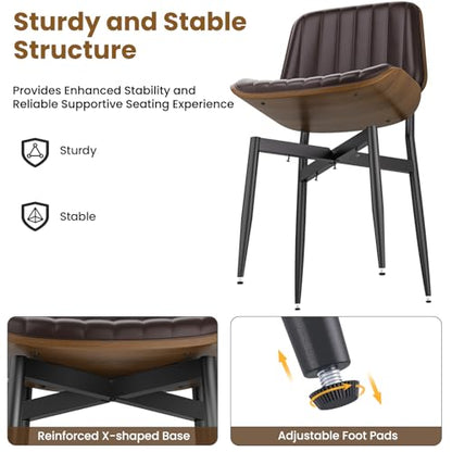 YaFiti Mid Century Dining Chairs with Walnut Bentwood, Set of 2, Brown | Ergonomic Walnut Backrest, Upholstered Waterproof PU Leather Seat, Stable Metal Legs, Adjustable Footpads, Apartment Friendly - color: Brown Pinstripe