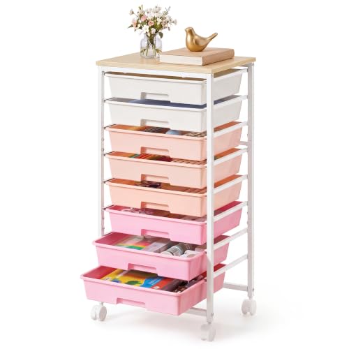 VASAGLE 8-Drawer Rolling Storage Cart, Utility Cart with Wheels and Wood Top, Craft Organizer for Office and Home, 15.6 x 11.2 x 30.1 inch, Pink and White, BENCO Collection ULRC006S101 - color: Pink + White, size: 8 Drawer