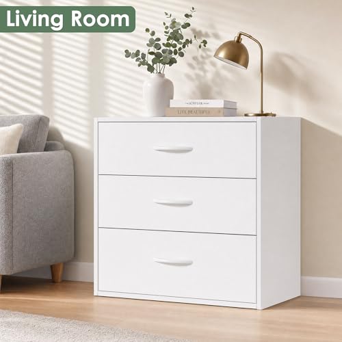 PrimeZone 3 Drawers Wood Closet Dresser Stackable Storage Organizer White | Modular Chest Cabinet Clothes Short Small Low Deep Bedroom Dorm Underbed Wardrobe Nursery Office Inside Pull Out Space Saving