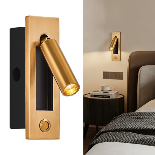 LED Wall Mounted Bedside Light, Adjustable Recessed Headboard Light with Switch, Wall Sconce for Reading, Hardwired Spotlight for Bedroom (Gold) - color: Wall light-Gold