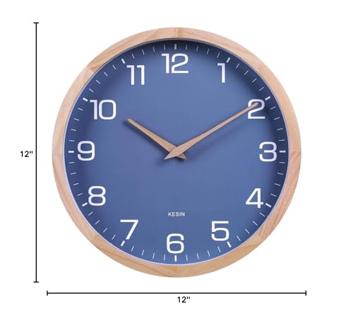 Kesin Wall Clock 12 Inch Silent Non Ticking Wood Wall Clocks Modern Simple | Battery Operated - Wooden Blue Clock Decorative for Kitchen,Living Room,Bedroom,Kid’s Room