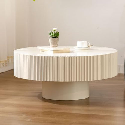 Round Fluted Drum Coffee Table with Pedestal Base | 30.9'' Modern White Wooden Drum Center Table, Handcrafted Wood Fluted Edge, For Living Room & Apartment - color: White Thick