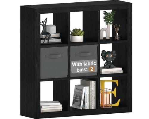 Bookshelf with Storage Bins, 9-Cube Storage Organizer Sturdy Wooden Bookcase Open Book Shelf, Multifunctional Cubicle Rack for Storage & Display, Furniture for Living Room Bedroom Office, Black - color: Black, size: 9 cube