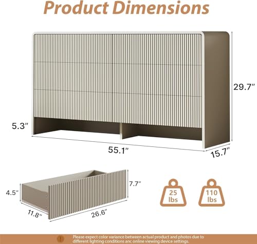 MAISONARIA Beige Curved 6 Drawer Dresser, Modern Long Dresser for Bedroom, Living Room, or Entryway, Push to Open Storage Chest, Minimalist Scandinavian Style, 55" Wide - color: Beige, size: 15.7"D x 55.1"W x 29.7"H (6 Drawers)