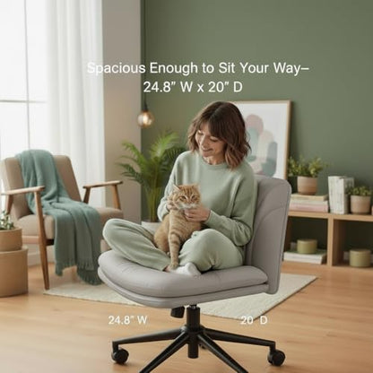 Marsail Criss Cross Office Chair with Wheels, Armless Wide Desk Chair for Active Sitting, PU Leather Cross Legged Chair for Home Office, Pet-Friendly & Easy Clean, Grey - color: Grey
