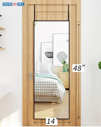DMWOODFL 48"x14" Over The Door Full Length Mirror - Wall Mounted or Hanging with 2 Metal Hooks, Space-Saving Black Mirror for Bedroom, Bathroom, Living Room Decor - color: Black