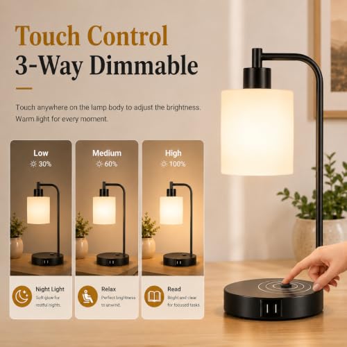 Set of 2 Industrial Touch Control Table Lamps with 2 USB Ports and AC Outlet - 3-Way Dimmable Black Bedside Lamp Nightstand Desk Lamps for Bedroom Living Room, Opal Glass Shade & 2 LED Bulbs Included - color: Black(2 pack)-Opal Glass-Touch Control