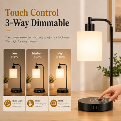 Set of 2 Industrial Touch Control Table Lamps with 2 USB Ports and AC Outlet - 3-Way Dimmable Black Bedside Lamp Nightstand Desk Lamps for Bedroom Living Room, Opal Glass Shade & 2 LED Bulbs Included - color: Black(2 pack)-Opal Glass-Touch Control
