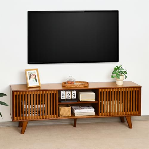 Bamboo TV Stand for TVs up to 65", Accent Entertainment Center with Storage, Media Console Table with Sliding Fence Door, Modern TV Stand for Living Room, Bedroom, 55"(L), Walnut - color: Walnut Fence Door