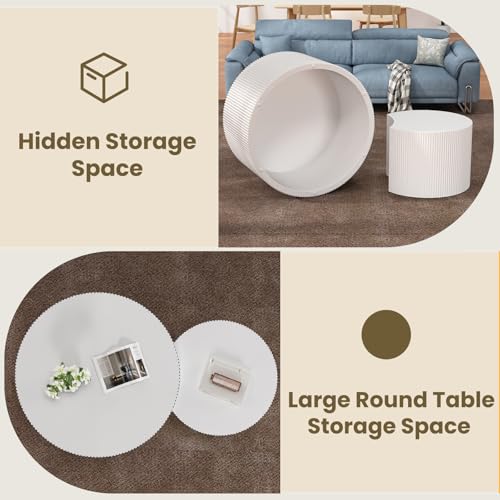 Nesting Coffee Table Set of 2, White 27.5" Round Coffee Table | Wood Fluted Design with Non-Slip Pad, Modern End Table Side Tables for Living Room Bedroom Balcony Yard - color: White 27.5"