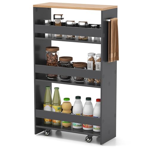 GIANTEX 4-Tier Rolling Slim Storage Cart, 8" Narrow Slide Out Kitchen Cart | Space-Saving Compact Mobile Utility Trolley with Handle & Open Shelves for Small Space, Laundry Room (Grey & Natural) - color: Grey & Natural, size: 8"W