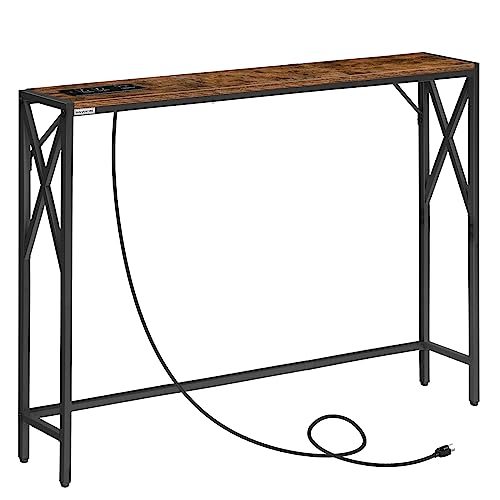 MAHANCRIS 5.9" Narrow Sofa Table with Charging Station, 39.4 Behind Couch Table with Outlet, Slim Entryway Console Table, Small Space, for Hallway, Living Room, Foyer, Rustic Brown CTHR151E01 - color: Rustic Brown, Black