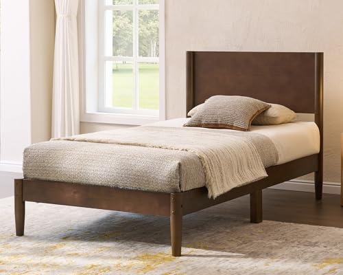 AMERLIFE Solid Wood Twin Bed Frame, Mid Century Bed with Headboard, Walnut | Platform Bed with Full Panel Headboard, Noise-Free & Cylindrical Legs, No Box Spring Needed, Under-Bed Storage - color: Dark Walnut, size: Twin