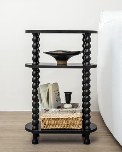 3-Tier Narrow Side Table, Slim End Table for Small Spaces | Skinny wooden side table with shelf storage. Ideal as living room accent or bedroom nightstand.Easy assembly, space-saving - color: Black