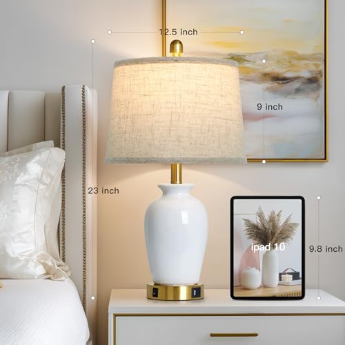 23" Set of 2 White Ceramic Small Table Lamp for Living Room Bedroom,Modern Bedside Lamps Nightstand Lamp for End Table Entryway - color: White