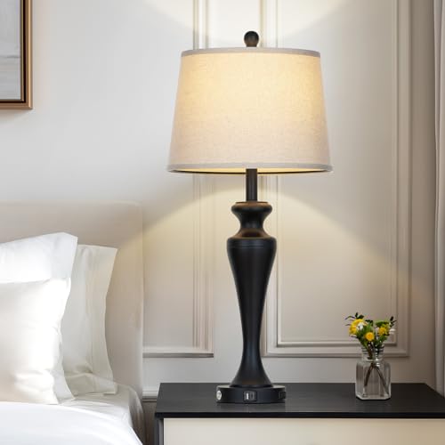 CINSARY 30“ Black Table Lamps for Living Room, 3-Way Dimmable Touch Control Lamp with USB A+C Ports and AC Outlet, Tall Bedside Lamps Set of 2, Metal Bedroom Lamp for Nightstand, 2 Bulbs Included - color: Black (2 Pack)