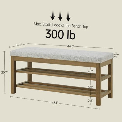 VKNOW 44.3” Entryway Bench, 2-Tier Upholstered Shoe Storage Bench, Beige | Shoe Bench with Rubberwood Legs, Shoe Rack for Entryway, Hallway, End of Bed, Living Room - color: Beige1