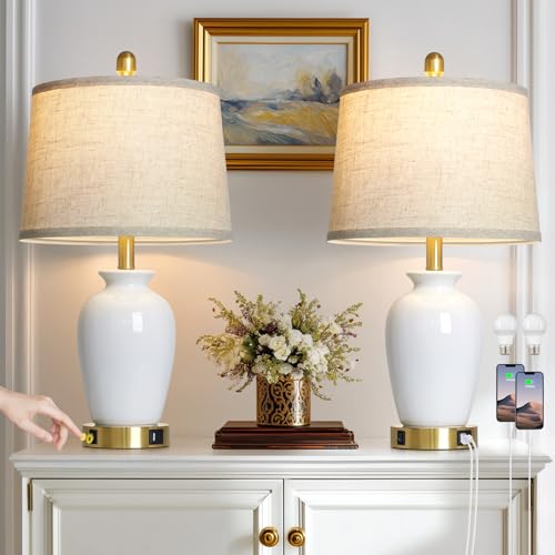 23" Set of 2 White Ceramic Small Table Lamp for Living Room Bedroom,Modern Bedside Lamps Nightstand Lamp for End Table Entryway - color: White