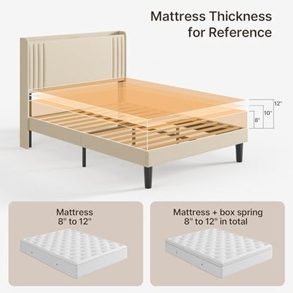 Gizoon Full Bed Frame with Charging Station and LED Lights | Upholstered Wingback Platform Bed with Padded Headboard,Wooden Slats,Noise-Free,No Box Spring Needed, Easy Assembly,Beige - color: Beige+led, size: Full
