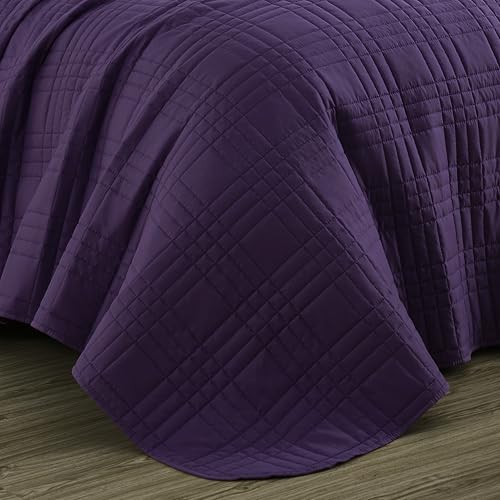 Chezmoi Collection Kingston Queen Size Bedspread Set, 3-Piece Dark Purple Oversized Quilted Microfiber Lightweight Bedspread Coverlet (100"x106") for All Seasons - color: Dark Purple, size: Queen