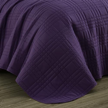 Chezmoi Collection Kingston Queen Size Bedspread Set, 3-Piece Dark Purple Oversized Quilted Microfiber Lightweight Bedspread Coverlet (100"x106") for All Seasons - color: Dark Purple, size: Queen