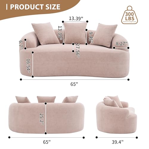 Loveseat Sectional Sofa for Living Room, 65" Modern Luxury Plush Chenille Sofa Extra Deep Seat Curved Cloud Floor Couch with 3 Throw Pillows for Small Spaces, Warm Beige - color: Apricot Cream, size: 65 inch