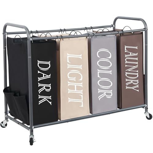 STORAGE MANIAC Laundry Sorter 4 Section, 47.5 Gal (180 L) Laundry Hamper with Wheels, Clothes Divider Basket Sorter, Separator Hamper Cart with Removable Bags, Multicolored - color: Multicolored, size: 4 Section