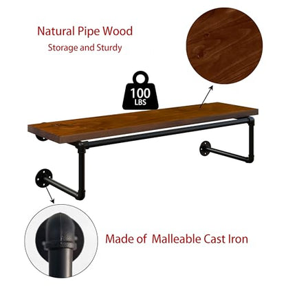 Clothes Rack 36in, Wall Mounted Garment Racks with Real Walnut Wood Shelves, Heavy Duty Hanging Clothes Rack, Multi-Purpose Hanging Rod, Space-Saving Closet Storage - color: Walnut, size: 1T36IN
