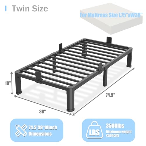 10 inch Twin Bed Frame with Round Corner Legs Mattress Slide Stopper,Low Profile Heavy Duty Metal Platform,No Box Spring Needed,Steel Slat Support,Easy Assembly,Noise Free - size: Twin, style: 10 inch