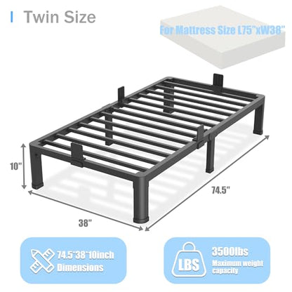 10 inch Twin Bed Frame with Round Corner Legs Mattress Slide Stopper,Low Profile Heavy Duty Metal Platform,No Box Spring Needed,Steel Slat Support,Easy Assembly,Noise Free - size: Twin, style: 10 inch