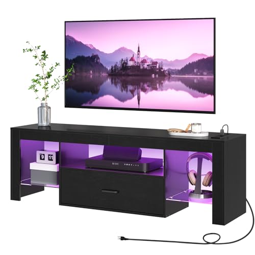 HOOBRO LED TV Stand with Power Outlets to 65 inch TV, Gaming Entertainment Center with Glass Shelves and Large Drawer, Modern Media TV Console Table for Living Room Bedroom, Black BB14UDDS01G1 - color: Black, size: 55.1 Inch