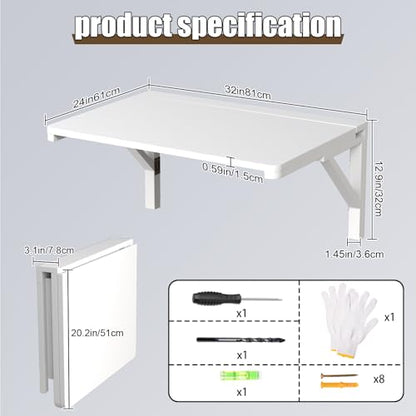 MM MELISEN Wall Mounted Folding Table, 80x60cm, White, Space-Saving Design - color: White, size: 80X60CM/32X24IN