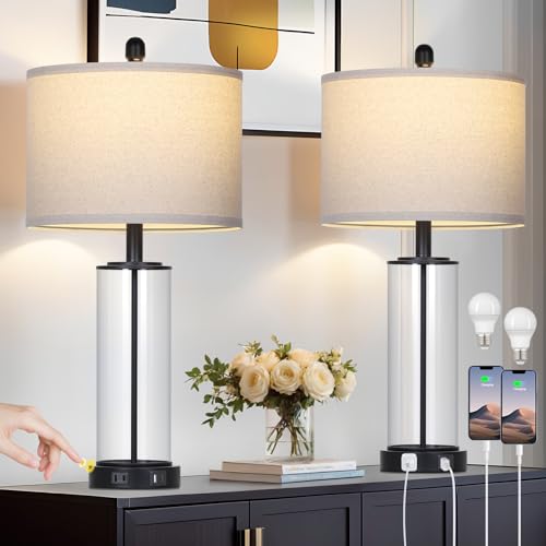 26" Black Glass Table Lamps Set of 2, 3-Way Dimmable Touch Control Living Room Lamp with USB C+A Ports & AC Outlet, Modern Bedside Lamps, Elegant Bedroom Lamps for Nightstand Side End Table Desk - color: Black1