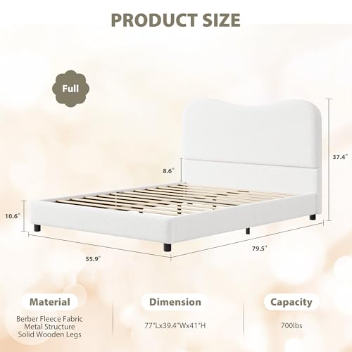 GarveeHome Full Size Bed Frame with Boucle Fabric, White | Upholstered Headboard, Low Profile, Sturdy Platform Bed, Rounded Corners Design, Noise Free, No Box Spring Needed - color: White, size: Full