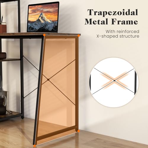 Tangkula Computer Desk with Shelves, Space Saving Home Office Desk with 3-Tier Ladder Shaped Storage Bookshelf, Modern Writing Study Desk with Metal Frame, Compact Computer Workstation (Rustic Brown) - color: Rustic Brown