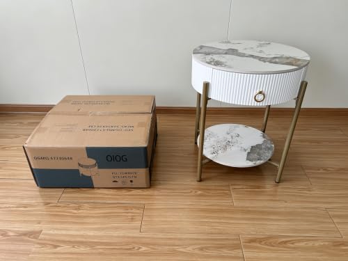 OIOG Round End Table, Nightstand with Storage, Marbling Natural Stone/Gold | Side Table with Storage Drawer, Shelf, Metal Legs, 2 Tier, Modern Design, For Living Room, Bedroom, Office,White and Gold - color: Gold