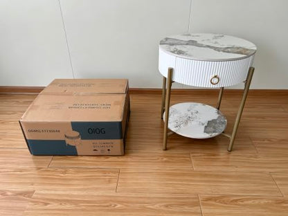 OIOG Round End Table, Nightstand with Storage, Marbling Natural Stone/Gold | Side Table with Storage Drawer, Shelf, Metal Legs, 2 Tier, Modern Design, For Living Room, Bedroom, Office,White and Gold - color: Gold