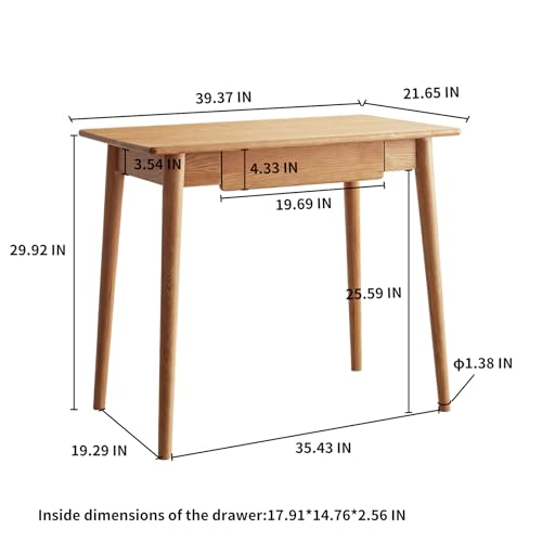 Solid Oak Small Writing Desk with Drawer, Tapered Legs | Natural Wood Finish, Mid-Century Modern, Easy Assembly, Study Desk with Storage, for Bedroom, Home Office, Small Spaces - size: 39.4"W