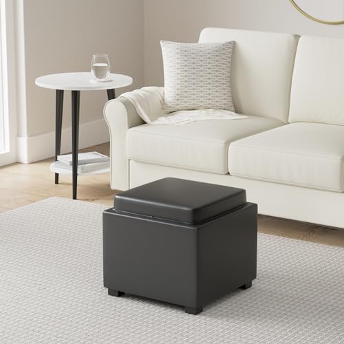 CHITA Storage Ottoman Cube with Tray Lid, Small Footstool with Storage, Square End Table for Living Room and Bedroom, Faux Leather in Black - color: Black