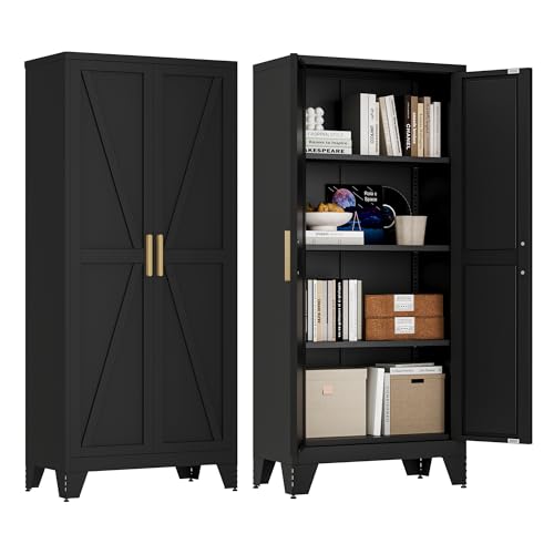 61" Tall Farmhouse Metal Pantry Cabinet, Kitchen Pantry Storage Cabinets with 2 Barn Door and Adjustable Shelves,Metal Pantry Storage Cabinet,for Kitchen,Laundry Room,Home Office,Kids Room (Black) - color: Black, size: 61" - Pantry Cabinet - 2 Door