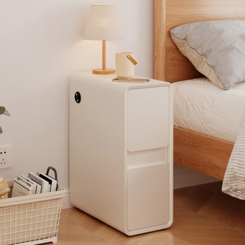 8″ Narrow Nightstand with 2 Drawers, Faux Leather Bedside Table for Small Spaces, Modern Nightstand Fully Assembled, Slim End Table for Bedroom, White - color: White, size: 8''W