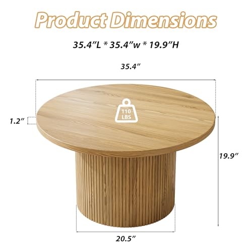 MAISONARIA Round Coffee Table with Metal Frame, 35.4" Coffee Tables for Living Room, Circle Wood Accent Center Table for Apartment, Oak - color: Nature