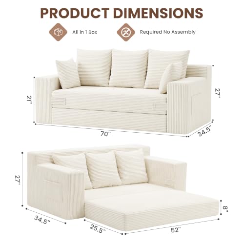 Boneless Couches 70 inch: 3-in-1 Convertible Sofa Bed Futon Couch Bed, Oversized Loveseat Sleeper Sofa with 5 Pillows, Beige Couch for Living Room, Bedroom & Small Space - color: Beige, size: 70 Inch