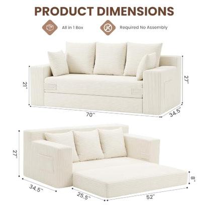Boneless Couches 70 inch: 3-in-1 Convertible Sofa Bed Futon Couch Bed, Oversized Loveseat Sleeper Sofa with 5 Pillows, Beige Couch for Living Room, Bedroom & Small Space - color: Beige, size: 70 Inch