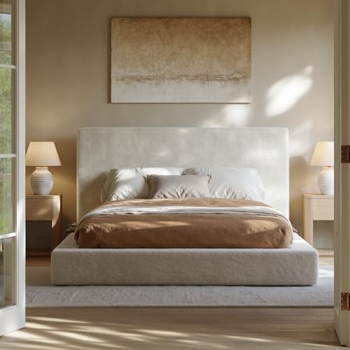 Evermagin White Queen Upholstered Cloud Bed Frame with Headboard | Soft Frame Cloud Bed with 2 Tray Tables, Modern Platform Cushion Bed Frame for Bedroom, No Box Spring Required Easy Assembly - size: Queen