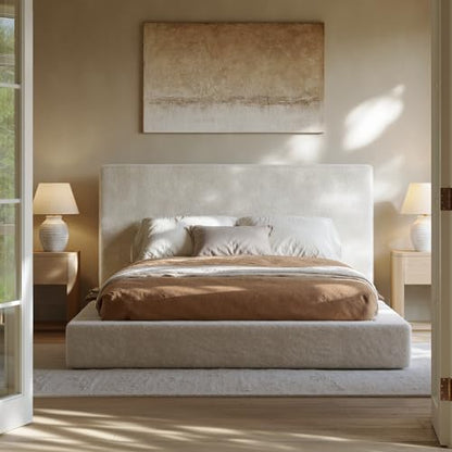 Evermagin White Queen Upholstered Cloud Bed Frame with Headboard | Soft Frame Cloud Bed with 2 Tray Tables, Modern Platform Cushion Bed Frame for Bedroom, No Box Spring Required Easy Assembly - size: Queen